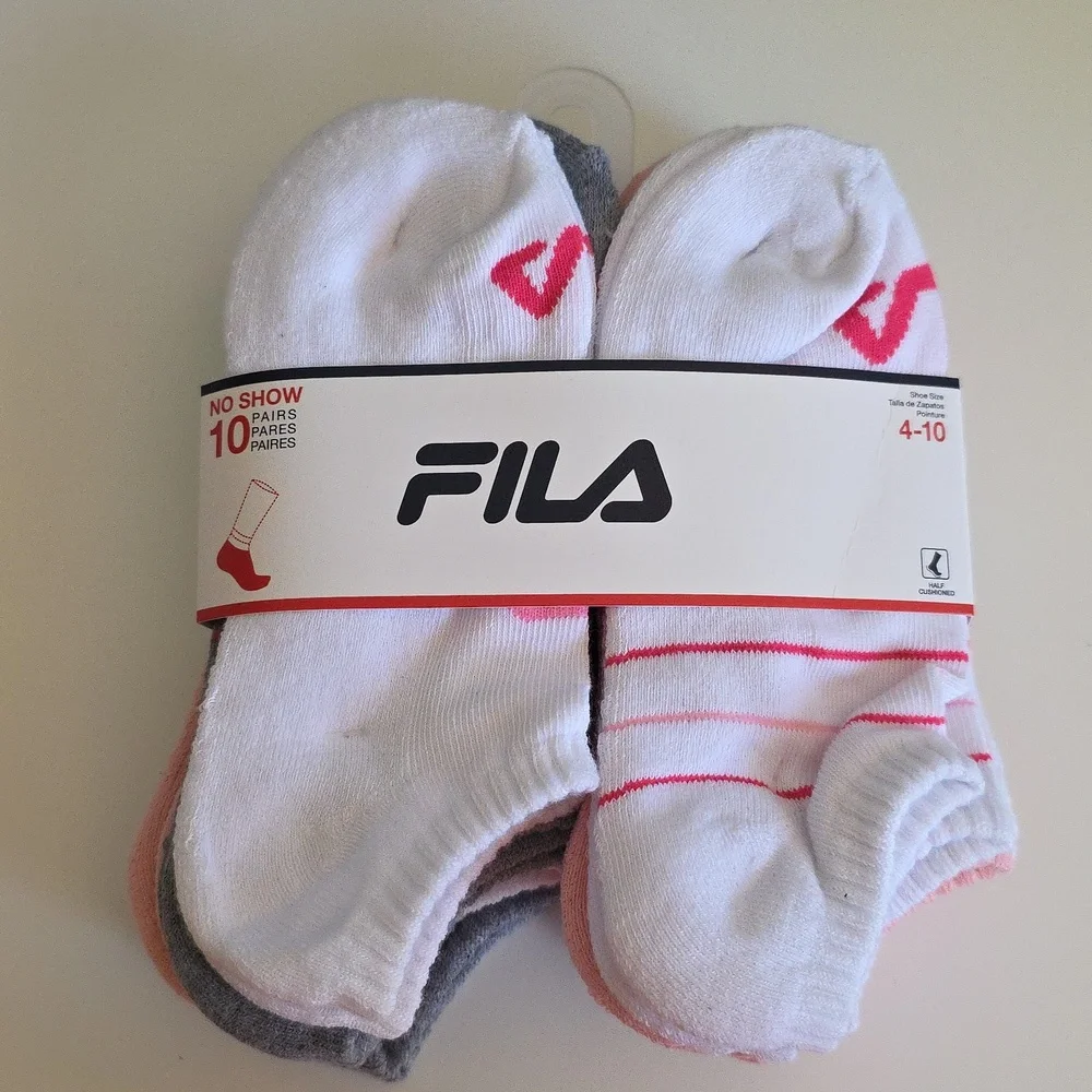 FILA Kids (Girl) No Show Socks 10-Pack Size 4-10 White Pink Grey Solid Stripped